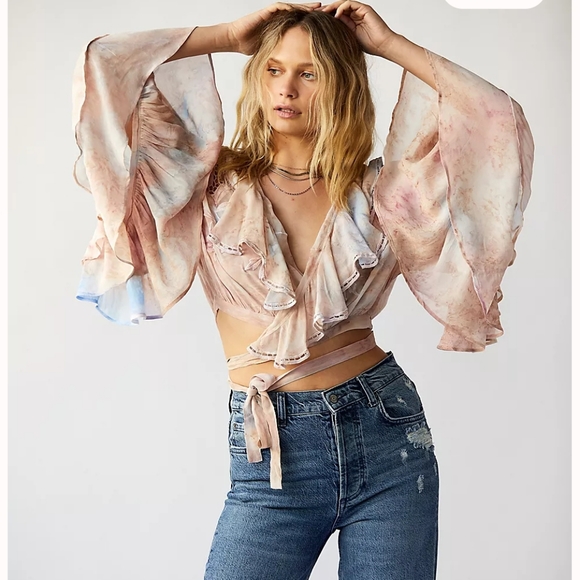 Free People Wild Horses Blouse Luxe Crop Wrap Long Sleeve Floral Print S M L NWT - Picture 6 of 16